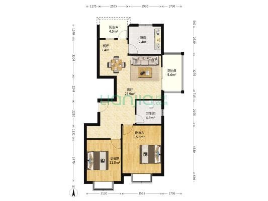 金领华庭 2室2厅1卫 102平方