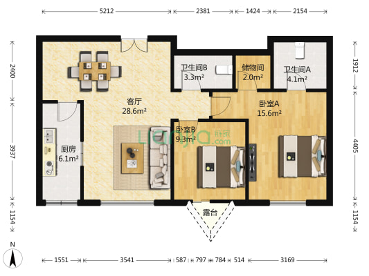 世纪东方城南区 2室1厅2卫 97平方