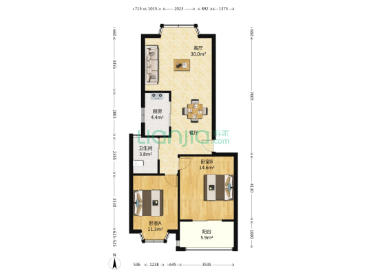 山水间花园 2室1厅1卫 77平方