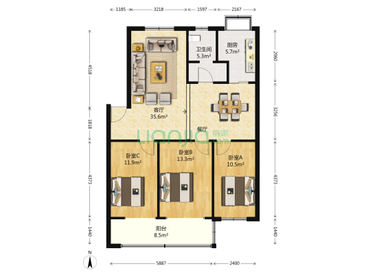 福元路45号院 3室1厅1卫 115平方