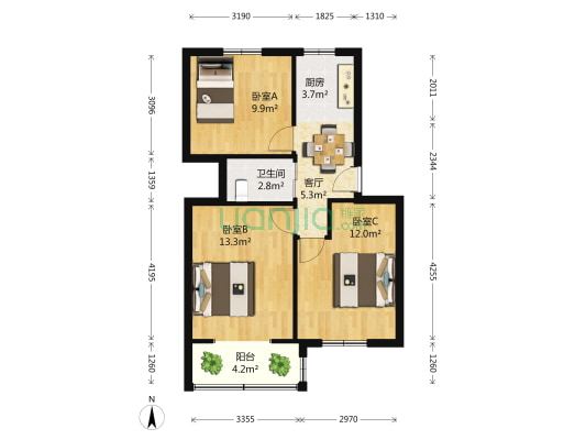 珠江路371至377号 3室1厅1卫 67平方
