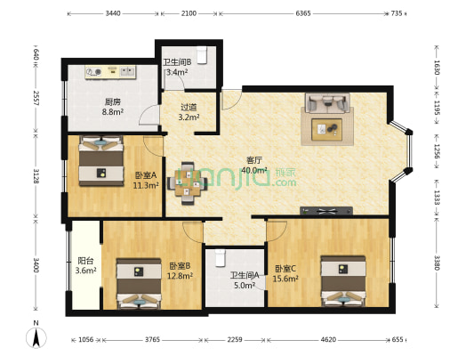 佳美公寓 3室1厅2卫 119平方