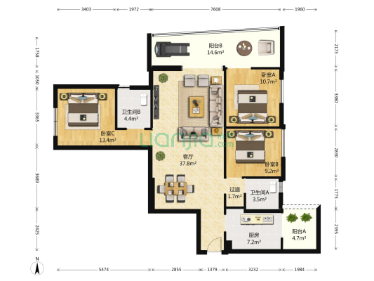 海源财富中心 3室1厅2卫 144平方