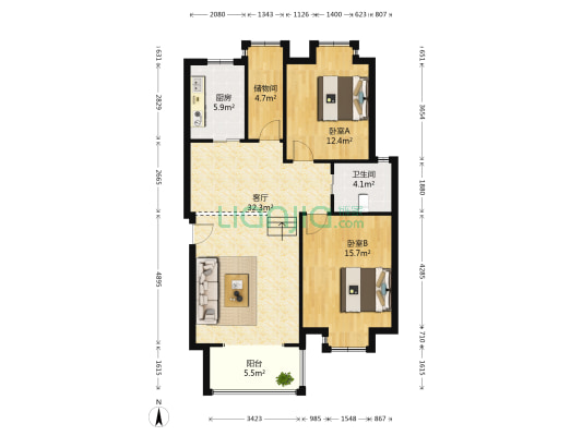 蓝水假期 2室1厅1卫 107平方
