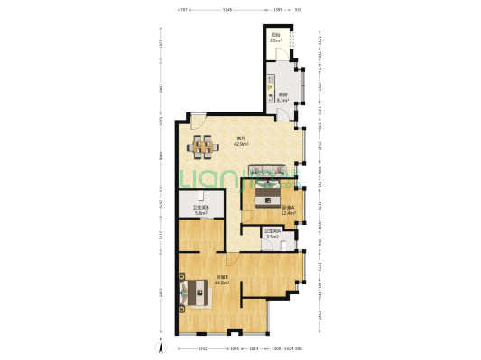 长风嘉庭国际 2室1厅2卫 165平方