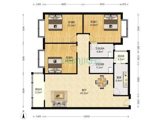 金犀庭苑 3室1厅2卫 125平方