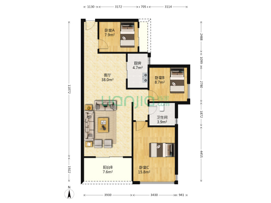 天峦湖二期 3室1厅1卫 87平方