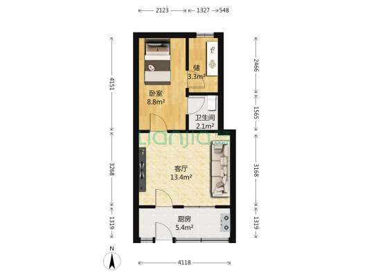 此房南向一居室，户型方正，一楼带院