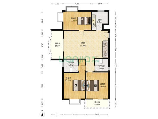 波光园二期 3室1厅2卫 121平方