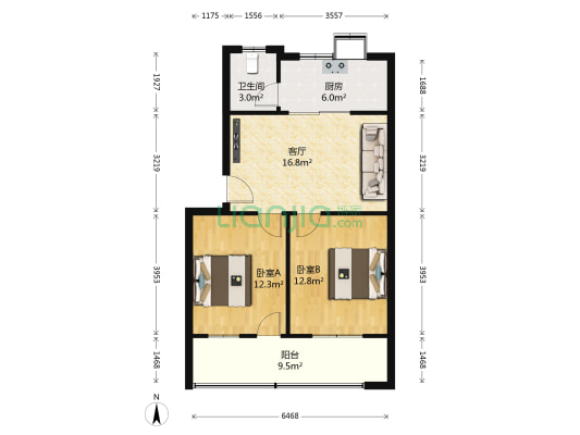 红旗小區 2室1厅1卫 68平方