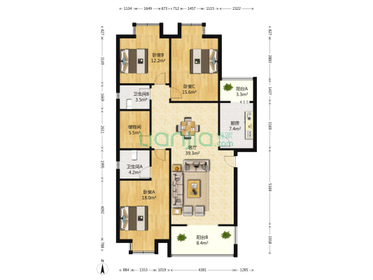 桃园柳岸 3室1厅2卫 130平方