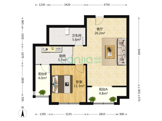 星河嘉园 1室1厅1卫 77平方