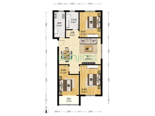 泰坤城三期 3室1厅1卫 111平方