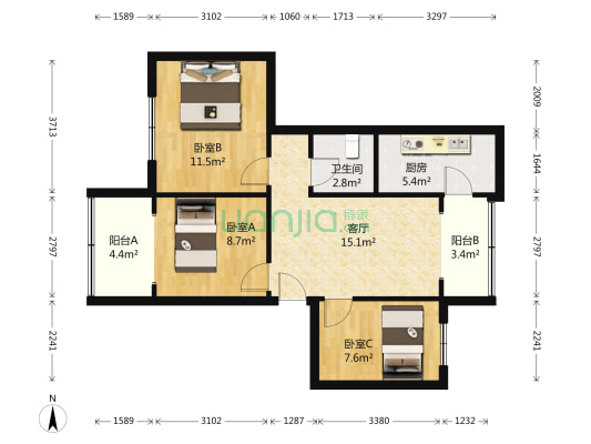 鼓楼南街59号 3室1厅1卫 68平方
