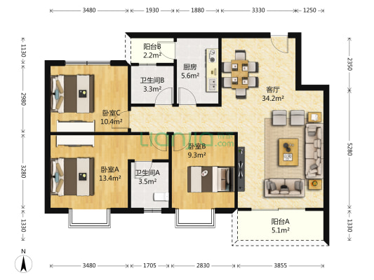四季花都 3室1厅2卫 103平方