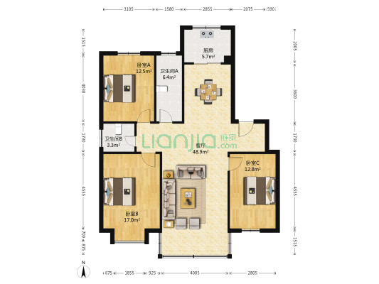 茶花庭院 3室1厅2卫 125平方