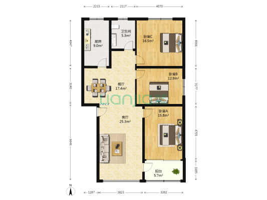 亚星世纪嘉园东区 3室2厅1卫 127平方