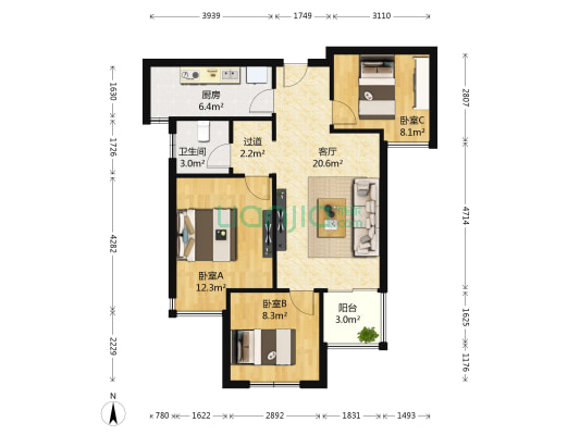 万科城秋棠苑 3室1厅1卫 89平方