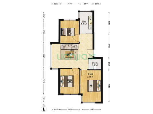 枫林园 3室1厅1卫 90平方
