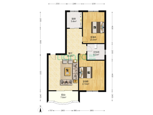 同心路23号 2室1厅1卫 96平方