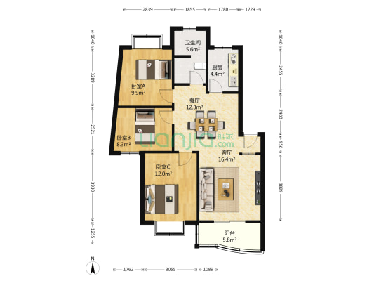 龙苑居住区 3室2厅1卫 94平方