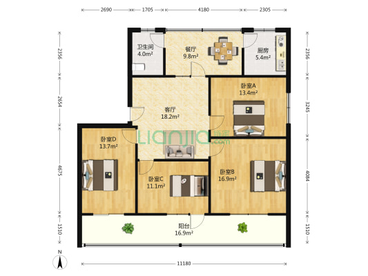 饮马河街36号 4室2厅1卫 115平方