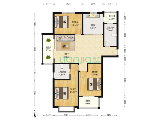 书香逸居 3室1厅2卫 125平方