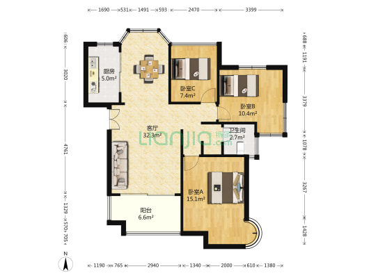 华辰嘉园南区 3室1厅1卫 97平方