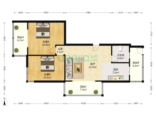 爱建涛园 2室1厅1卫 132平方