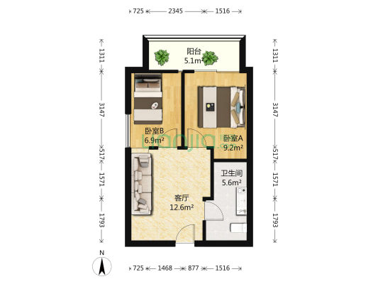 东湖楚天府 2室1厅1卫 54平方