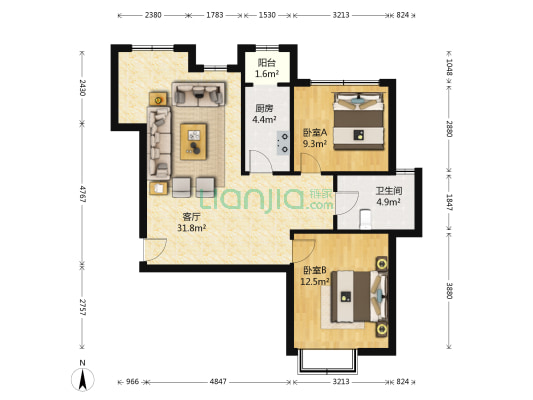 中正花园二期 2室1厅1卫 94平方