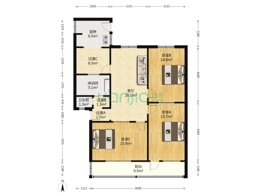 人大家属楼 3室1厅2卫 103平方