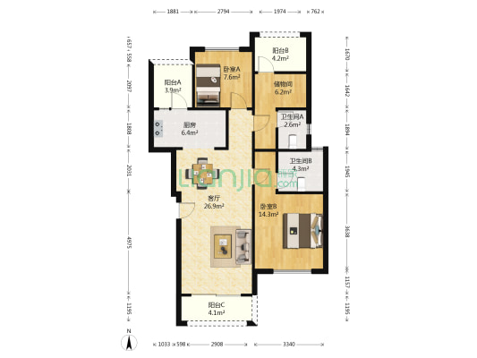 金科中央公园城（璧山）1号2号门 2室1厅2卫 98平方