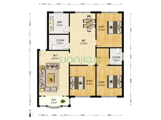 比华丽公寓 3室2厅2卫 136平方