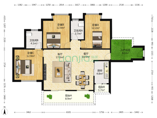碧潭园B区 3室2厅2卫 119平方
