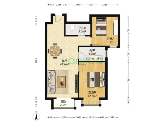 夏威夷蓝湾 2室1厅1卫 87平方