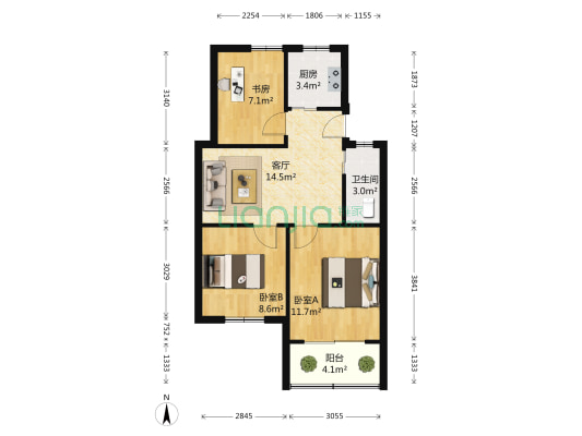 曙光路123号 3室1厅1卫 68平方
