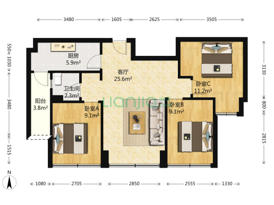 蓝润V客尚东二期 3室1厅1卫 74平方
