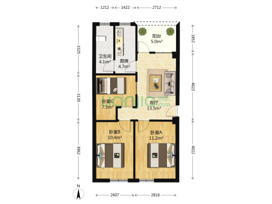 广东电大宿舍 3室1厅1卫 73平方