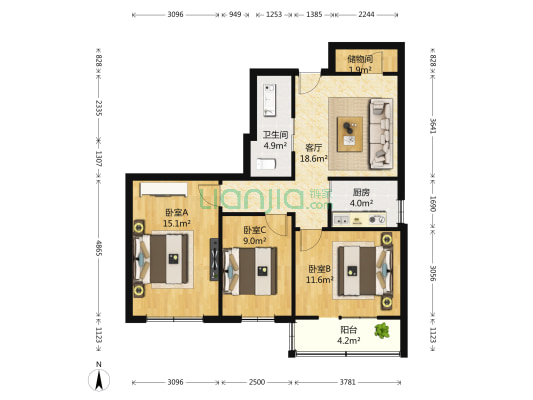 南三环中路 3室1厅1卫 93平方