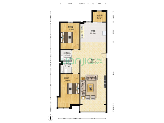 东江卓越 2室1厅2卫 130平方