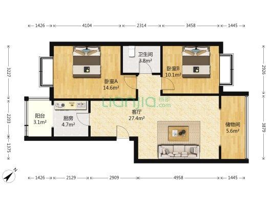沙河北岸 2室1厅1卫 80平方