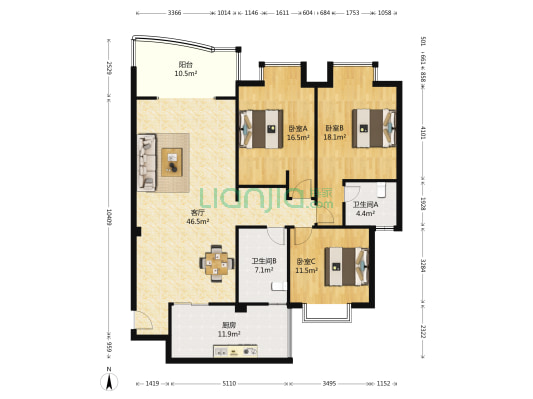 六菱小区 3室1厅2卫 132平方