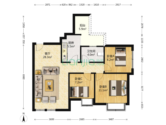 康泰仁和公馆东区 3室1厅1卫 116平方