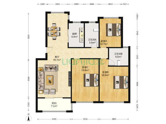 雍景园小区 3室1厅2卫 131平方