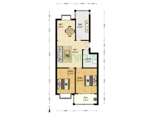 信义人生小区 2室2厅1卫 90平方