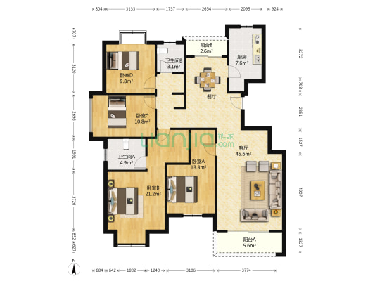 上河花园 4室1厅2卫 140平方