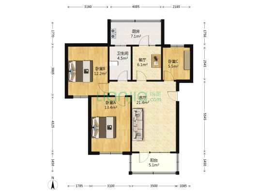 天成北街 3室2厅1卫 87平方