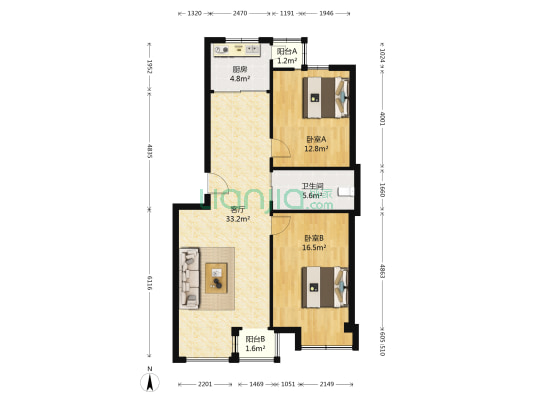 滨城南岸小区 2室1厅1卫 95平方