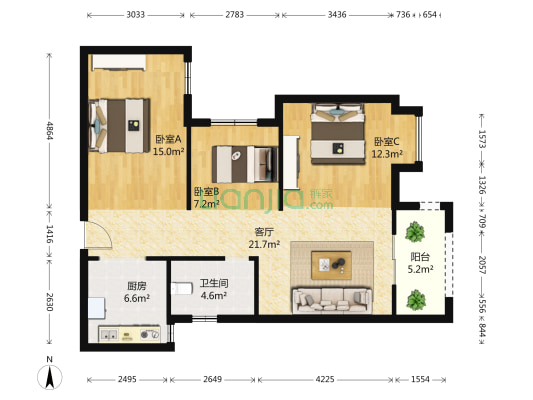 美联奥林匹克花园五期 3室1厅1卫 97平方